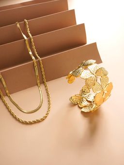 Palmonas - Butterfly Gold Cuff Bracelet and Rope N Snake Chain Combo Set