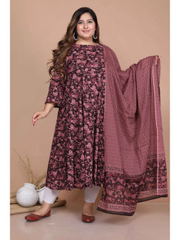 Miravan - Plus Size Stunning Black Bell Sleeve Floral Printed Anarkali Kurta Dupatta (Set of 2)