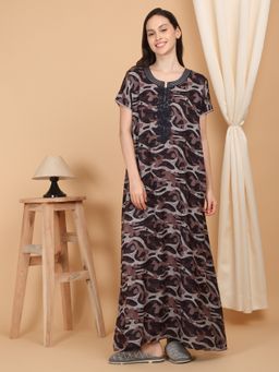 Sweet Dreams - Women Printed Full Length Night Dress Brown