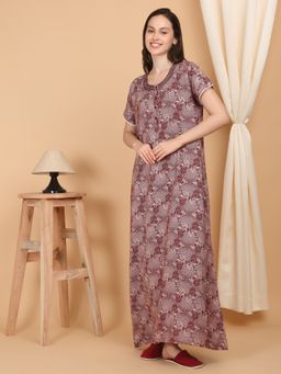 Sweet Dreams - Women Printed Full Length Night Dress Maroon