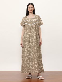 Jaipur Kurti - Printed Pure Cotton Maxi Nightdress Beige