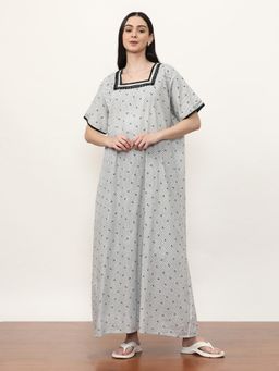 Jaipur Kurti - Printed Pure Cotton Maxi Nightdress White