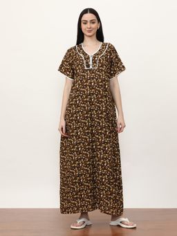 Jaipur Kurti - Printed Pure Cotton Maxi Nightdress Brown
