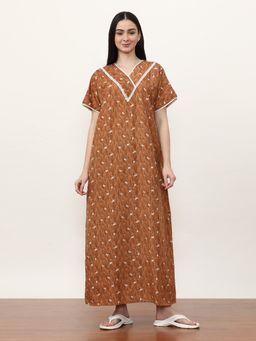 Jaipur Kurti - Printed Pure Cotton Maxi Nightdress Brown
