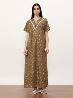 Jaipur Kurti - Printed Pure Cotton Maxi Nightdress Beige