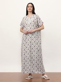 Jaipur Kurti - Printed Pure Cotton Maxi Nightdress White