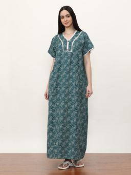 Jaipur Kurti - Printed Pure Cotton Maxi Nightdress Teal