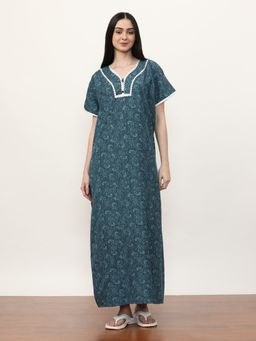 Jaipur Kurti - Printed Pure Cotton Maxi Nightdress Teal
