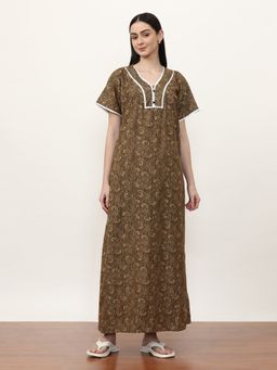 Jaipur Kurti - Printed Pure Cotton Maxi Nightdress Olive