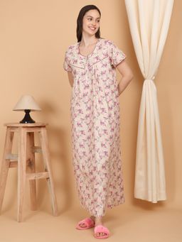 Sweet Dreams - Women Printed Night Dress Beige