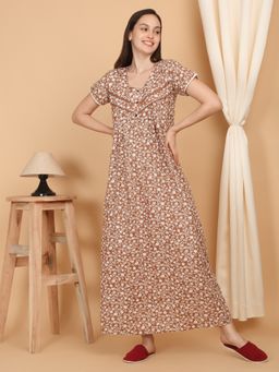 Sweet Dreams - Women Printed Full Length Night Dress Brown