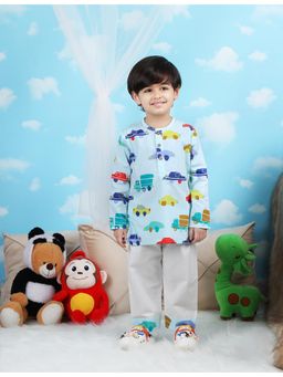 Polka Tots - Aqua Cotton Full Sleeve Car Print Nightwear Kurta with Pyjama