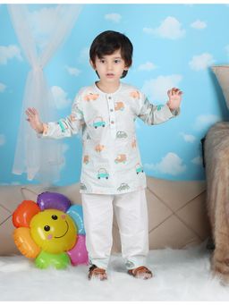 Polka Tots - White Cotton Full Sleeve Car Print Nightwear Kurta with Pyjama