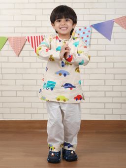 Polka Tots - Yellow Cotton Full Sleeve Car Print Nightwear Kurta with Pyjama