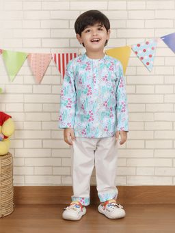 Polka Tots - Blue Cotton Full Sleeve Floral Print Nightwear Kurta with Pyjama
