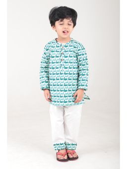 Polka Tots - Green Cotton Full Sleeve Swan Print Nightwear Kurta with Pyjama