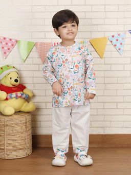 Polka Tots - Multi-Color Cotton Full Sleeve Floral Print Nightwear Kurta Pyjama