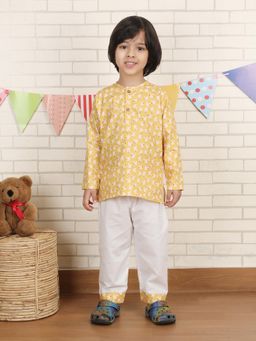 Polka Tots - Yellow Cotton Full Sleeve Bird Print Nightwear Kurta with Pyjama