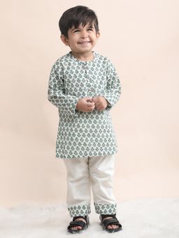 Polka Tots - Green Cotton Full Sleeve Penguin Print Nightwear Kurta with Pyjama