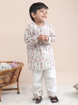 Polka Tots - Pink Cotton Full Sleeve Fish Print Nightwear Kurta with Pyjama