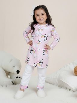 Polka Tots - Pink Cotton Full Sleeve Panda Print Nightwear Kurta with Pyjama