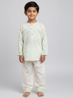 Polka Tots - White Cotton Full Sleeve Rabbit Print Nightwear Kurta with Pyjama