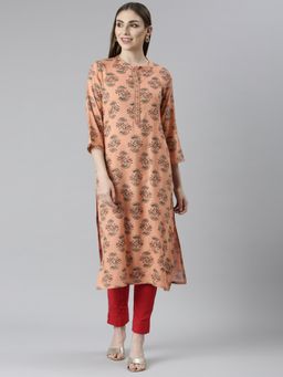 NEERU'S - Peach Regular Straight Floral Kurta