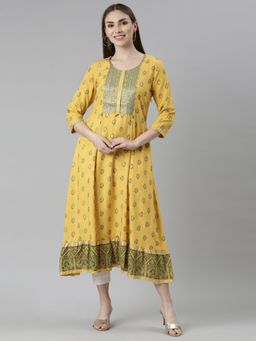 NEERU'S - Mustard Straight Casual Floral Kurta