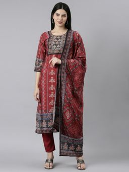 NEERU'S - Maroon Regular Straight Floral Kurta and Trousers with Dupatta (Set of 3)