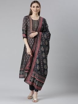 NEERU'S - Black Regular Straight Floral Kurta and Trousers with Dupatta (Set of 3)