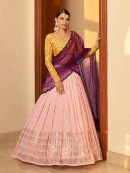 Odette - Festive Designer Pink Semi Stitched Lehenga With Unstitched Blouse (Set of 3)