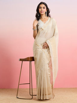 Fabindia - Beige Cotton Silk Blend Maheshwari Saree