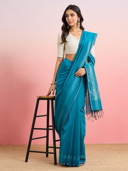 Fabindia - Turquoise Cotton Silk Blend Maheshwari Saree
