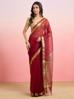 Fabindia - Red Cotton Silk Blend Maheshwari Saree