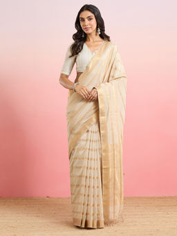 Fabindia - Beige Cotton Silk Blend Maheshwari Saree