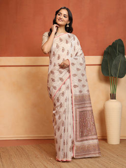 Fabindia - Beige-Red Cotton Silk Blend Hand Block Printed Saree