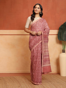 Fabindia - Pink Cotton Silk Blend Hand Block Printed Saree