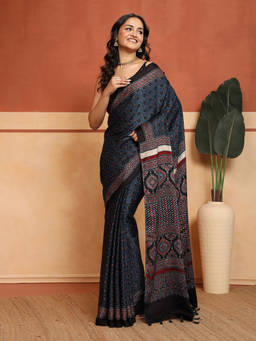 Fabindia - Indigo Viscose Blend Ajrakh Printed Saree