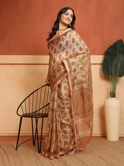 Fabindia - Mustard Silk Blend Hand Block Printed Saree