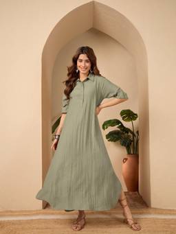 InWeave - Sage Green Solid Shirt Collar Dress