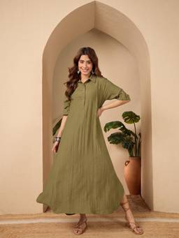 InWeave - Olive Solid Shirt Collar Dress