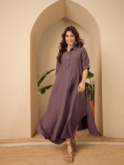 InWeave - Deep Mauve Solid Shirt Collar Dress