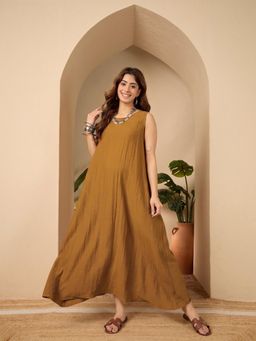 InWeave - Dark Mustard Round Neck Long Dress