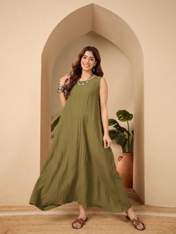 InWeave - Olive Round Neck Long Dress
