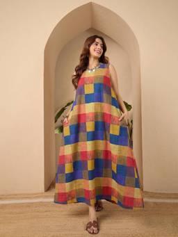 InWeave - Multi Madras Check Round Neck Long Dress
