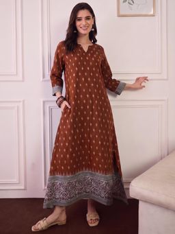 InWeave - Rust Ikat Border V Neck Long Dress