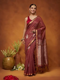 Garden VARELI - Women Rust Cotton Silk Ethnic Motifs Saree with Blouse Piece