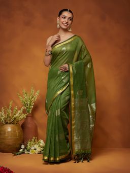 Garden VARELI - Women Light Green Cotton Silk Ethnic Motifs Saree with Unstitched Blouse