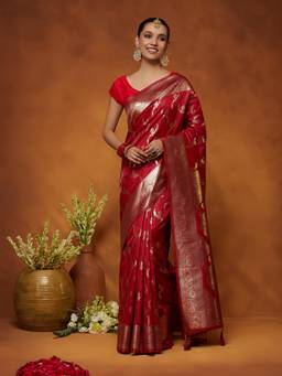 Garden VARELI - Women Red Art Silk Woven Design Saree with Unstitched Blouse