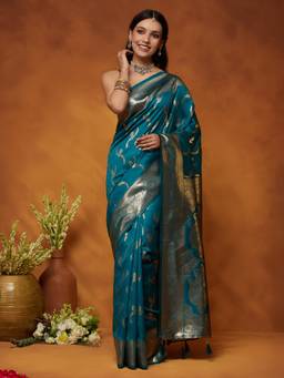 Garden VARELI - Women Blue Art Silk Woven Design Saree with Blouse Piece